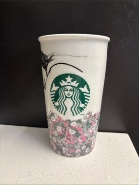Starbucks White Ceramic Mug with Green Logo and Pink Floral Accents